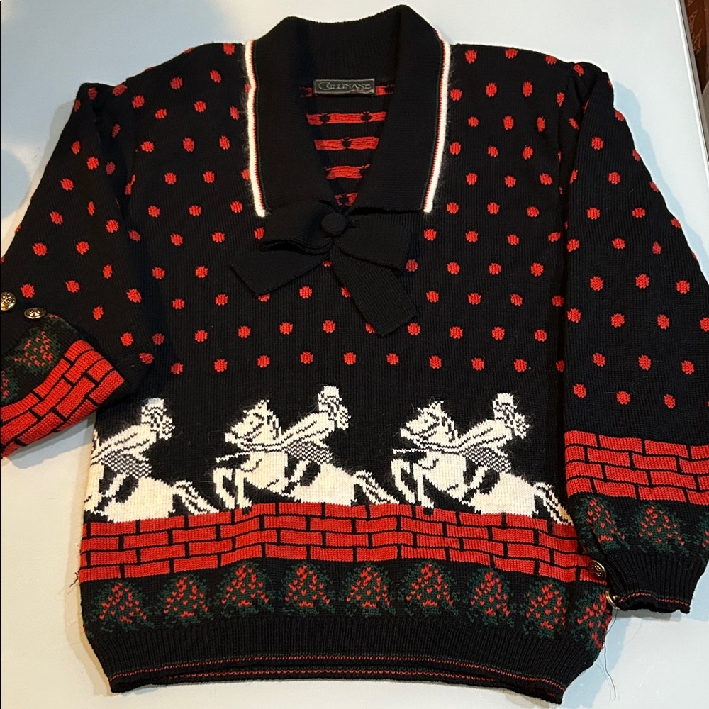 AMAZING vintage wool woman on horse equestrian Christmas trees bow Cullinane
